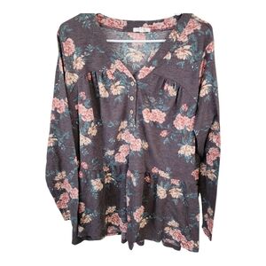 Maurcies Brown Floral Long Sleeve Henley Top 1X